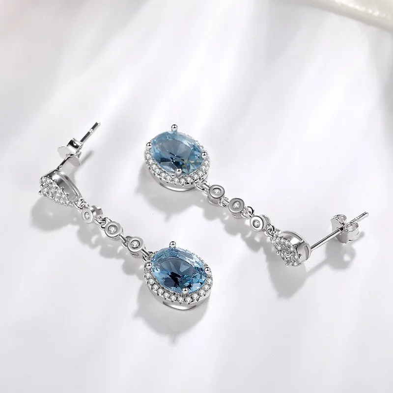 Drop Earrings For Women 925 Silver Needle Vintage Jewelry Oval Blue Cubic Zirconia Stone Long Eardrop Temperament Jewelry CCE648