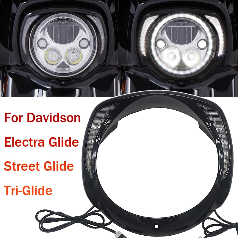 

Motorcycle Chrome & black LED headlight bezel For Harley Touring Tri Road King Street Electra Glide Low FLHTCU Ultra Limited