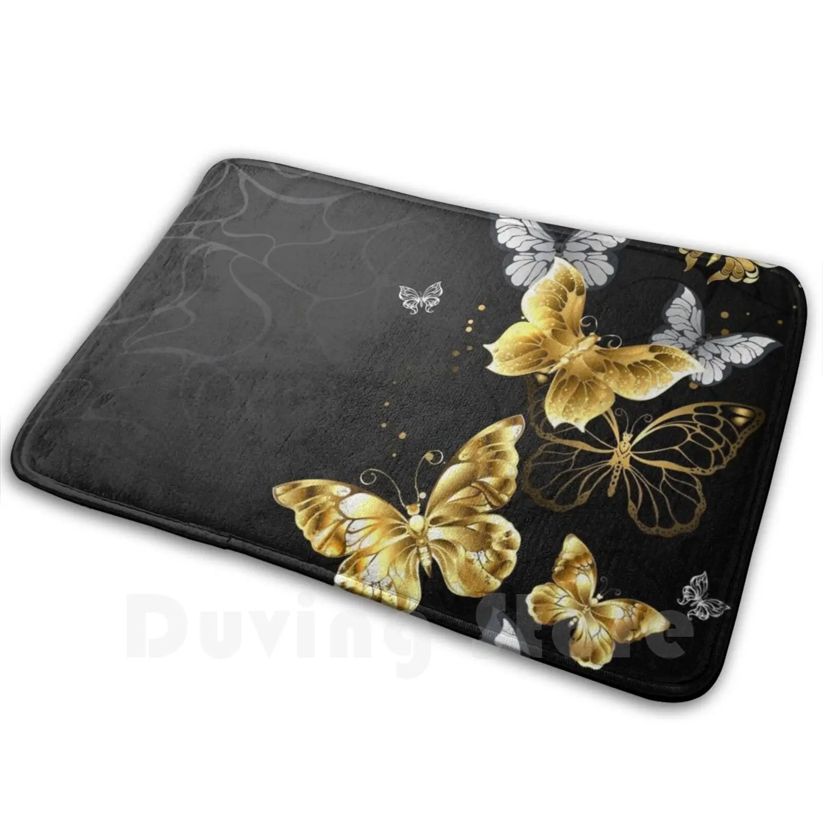 Gold And White Butterflies Mat Rug Carpet Anti-Slip Floor Mats Bedroom Flock Gold Jewelry Jeweler Brooch Black Background