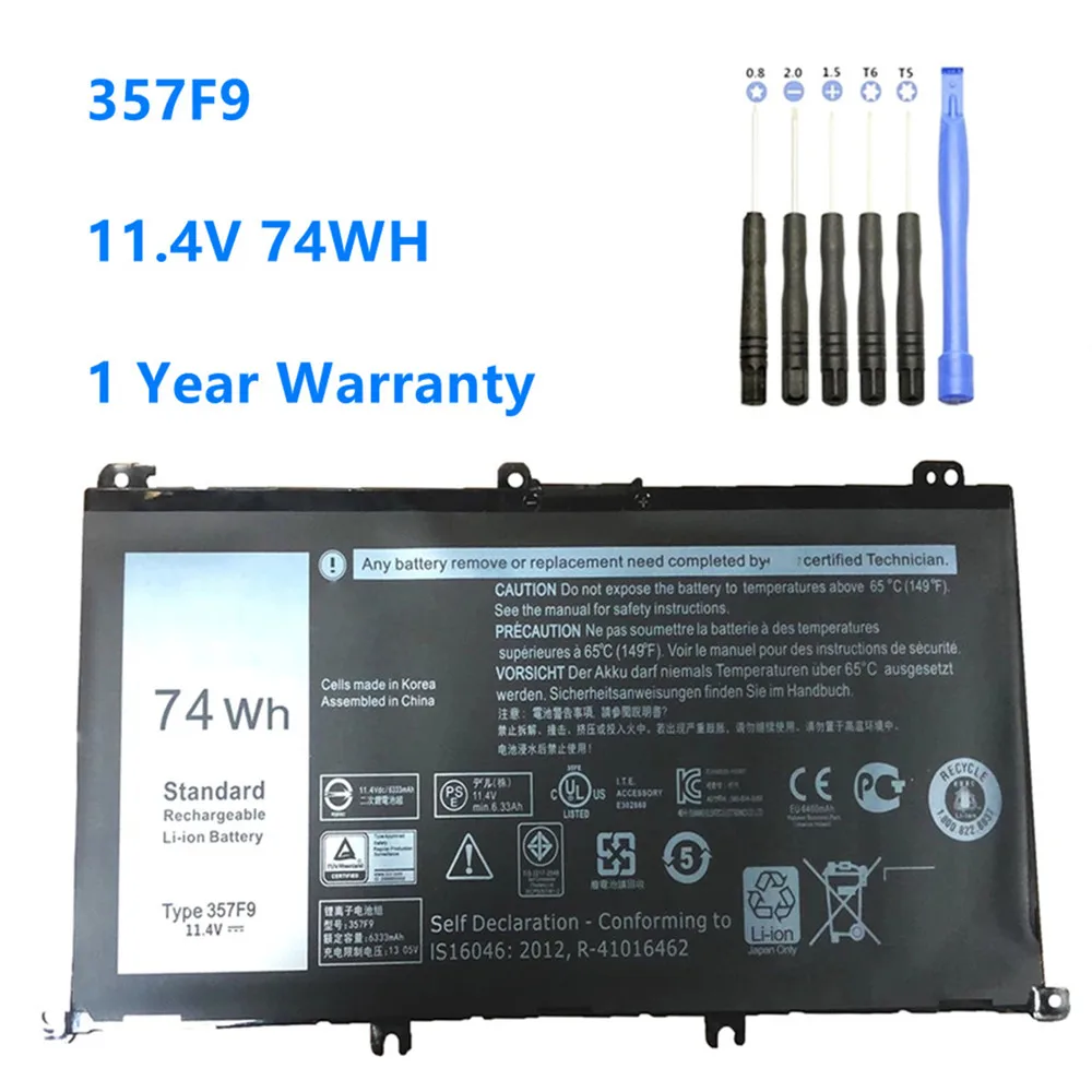 357F9 11.4V 74WH Laptop Battery For Dell Inspiron 15 7559 7000 7557 7567 7566 5576 5577 P57F P65F INS15PD-1548B Battery 357F9