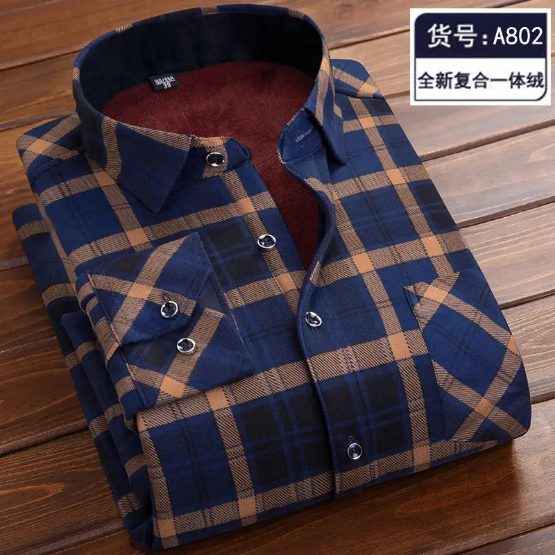 Autumn Winter Thick Men Fleece Shirt 2023 Fashion Plaid Thick Keep Warm Shirt Male Print Long Sleeve Business Big size L-5XL