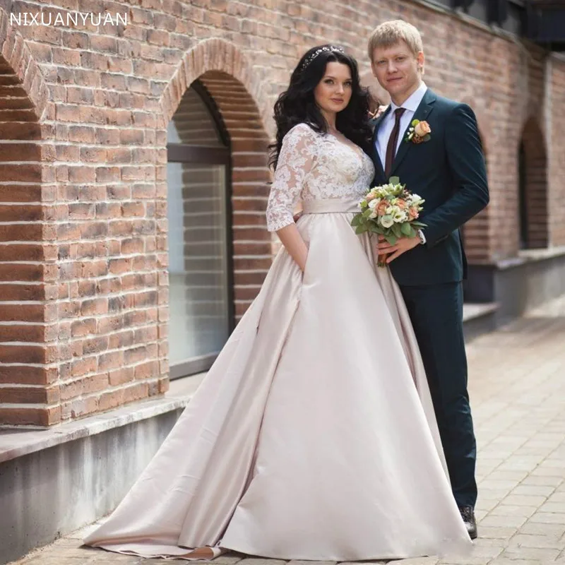 Robe De mariée trapèze en dentelle, grande taille, demi-manches, boutons au dos avec poche, en Satin, 2021