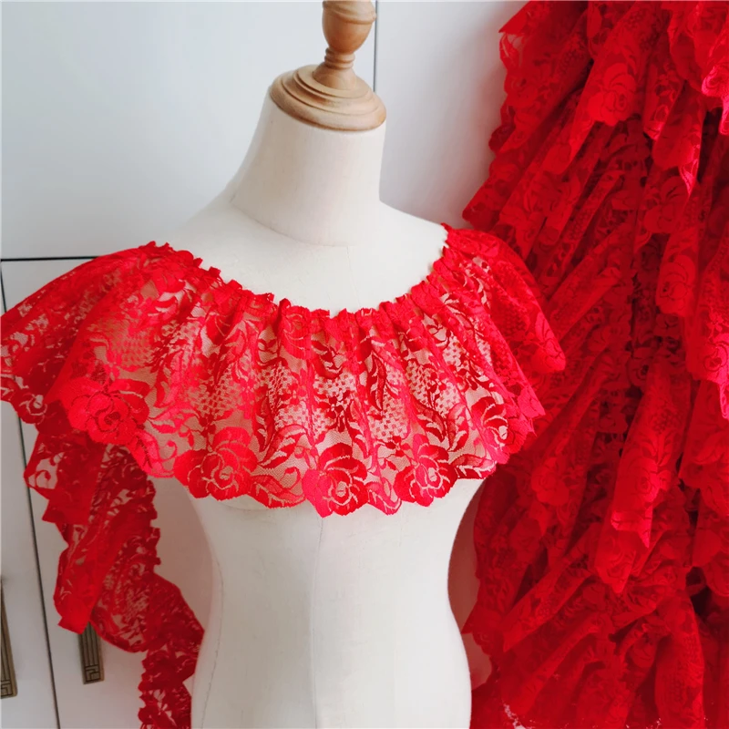 2 Meters/lot 15 Cm Wide Pink Black Red Folds Embroidered Lace Skirt Clothes Home Decoration Lace Accessories SC573