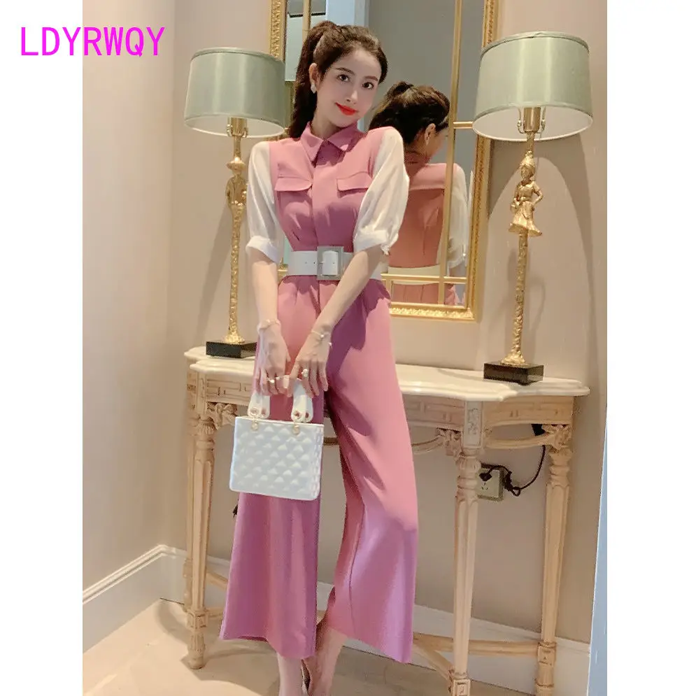 LDYRWQY Pink jumpsuit women\'s summer long small incense wind jumpsuit waist waist temperament goddess wide-leg pants