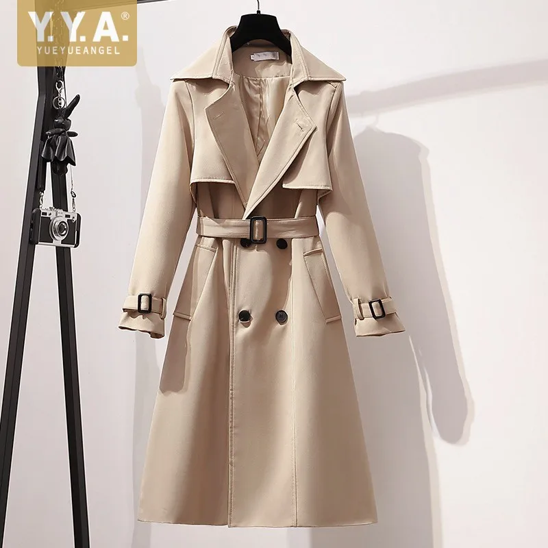 

High Street Women Trench Classic Khaki Belt Double Breasted Long Overcoat Autumn Solid Color Windbreakers Coat Female Outerwear