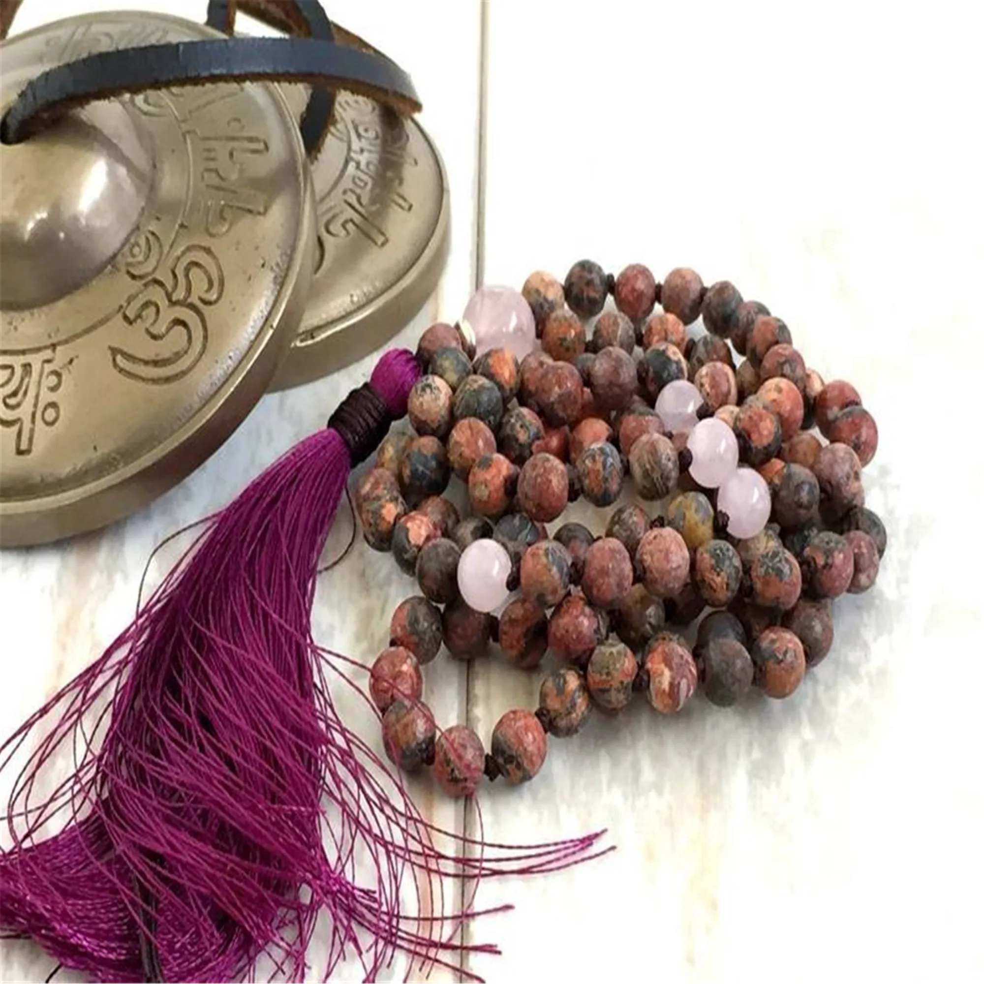 

6-8mm Natural flower Jasper 108 Beads Gemstone Mala Necklace Buddhism Mala Stress Reiki Pray Bless Prayer Buddhist Yoga Men