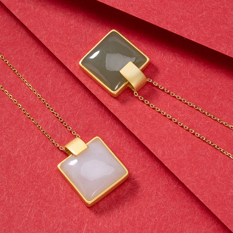 SA SILVERAGE Sapphire White Jade S925 Sterling Silver Inlaid with Ancient Craft Chain New Necklace Pendant Natural Hetian Jade