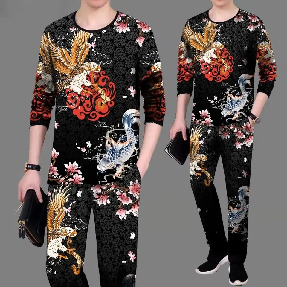 Autumn men's casual suit fashion carp pattern 3D printing round neck thin men's clothes  sportswear mensuit   trousers t shirts