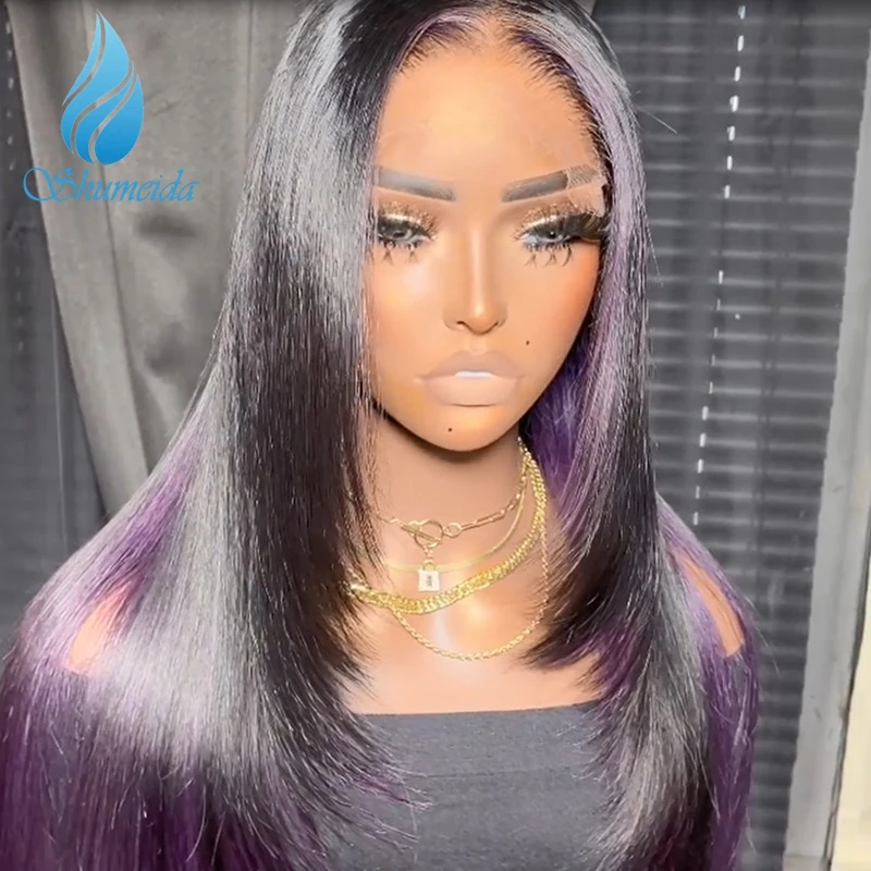 Shumeida Ombre Purple Color 13*6  Lace Front Wig Peruvian Remy Human Hair Gluelss Wigs for Women PrePlucked Hairline Baby Hair