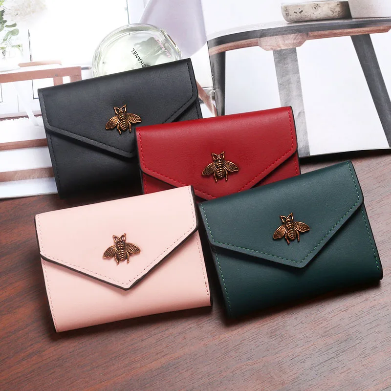 

Women Wallet Wholesale Bee Leather Short Tri-Fold Small Purse Card Case Simple Ladies Fashion New Cute PU Female Accessories