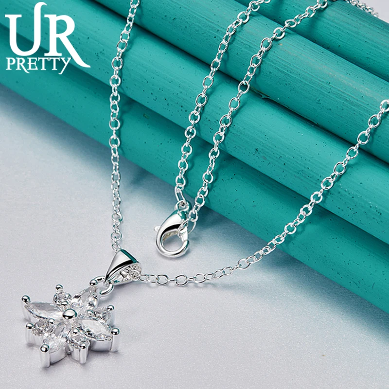 URPRETTY 925 Sterling Silver Snowflake Necklace 16/18/20/22/24/26/28/30 Inch Snake Chain For Woman Wedding Jewelry New Year Gift