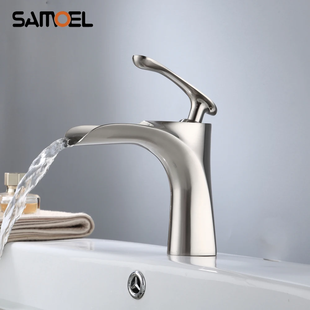 

New Type Brass Waterfall Bathroom Faucet Mixer Tap Deck Mounted Single Hole Basin Sink Hot Cold Water Crane NL713