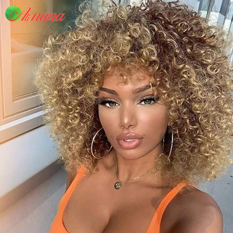 Brazilian Bouncy Curly Scarf Wig Ginger/Brown/ Blonde Color Full Machine Wig With Bangs Curly Style100% Human Hair Wig For Women