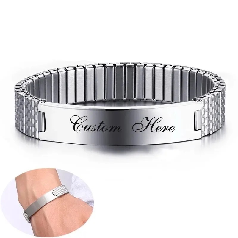 12mm Width Custom Laser Engraved Personalized Text Word Name Date Letter Men Bracelet Stainless Steel Elastic Bangles Gift