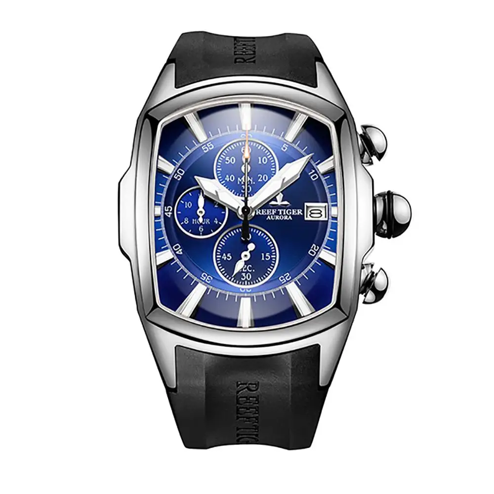 

Reef Tiger/RT Top Brand Luxury Blue Big Sport Quart Watches for Men Chronograph Waterproof Rubber Strap Clock Date RGA3069-T