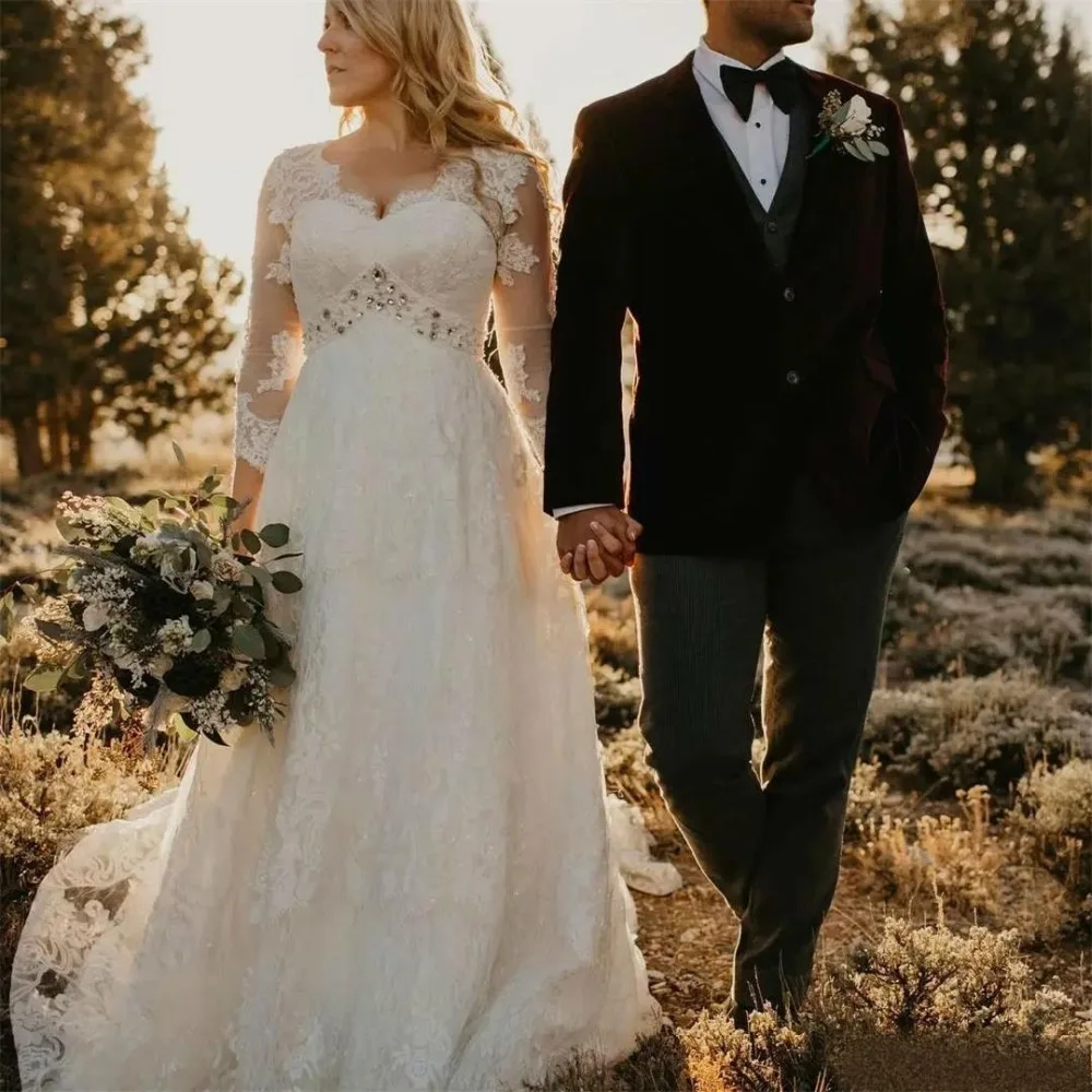 Vestido de novia de manga larga estilo bohemio, ropa de novia de talla grande, con apliques de encaje, estilo campestre, hecho a medida