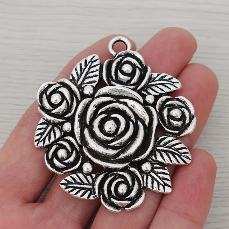 3Pcs Tibetan Silver Large Round Rose Flower Charms Pendants for DIY Necklace Jewelry Making Findings Accessories 62x54mm