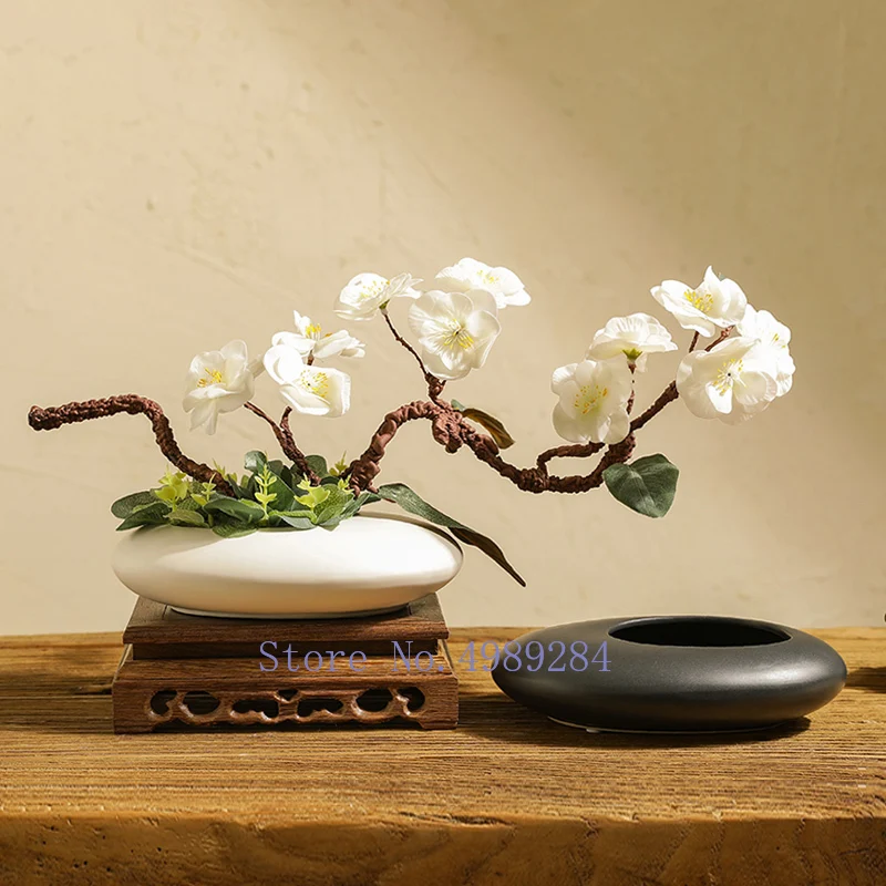Jarrón de cerámica de estilo chino, maceta de flores, accesorios de arreglo de flores de deformación de adoquines blancos y negros, decoración moderna del hogar