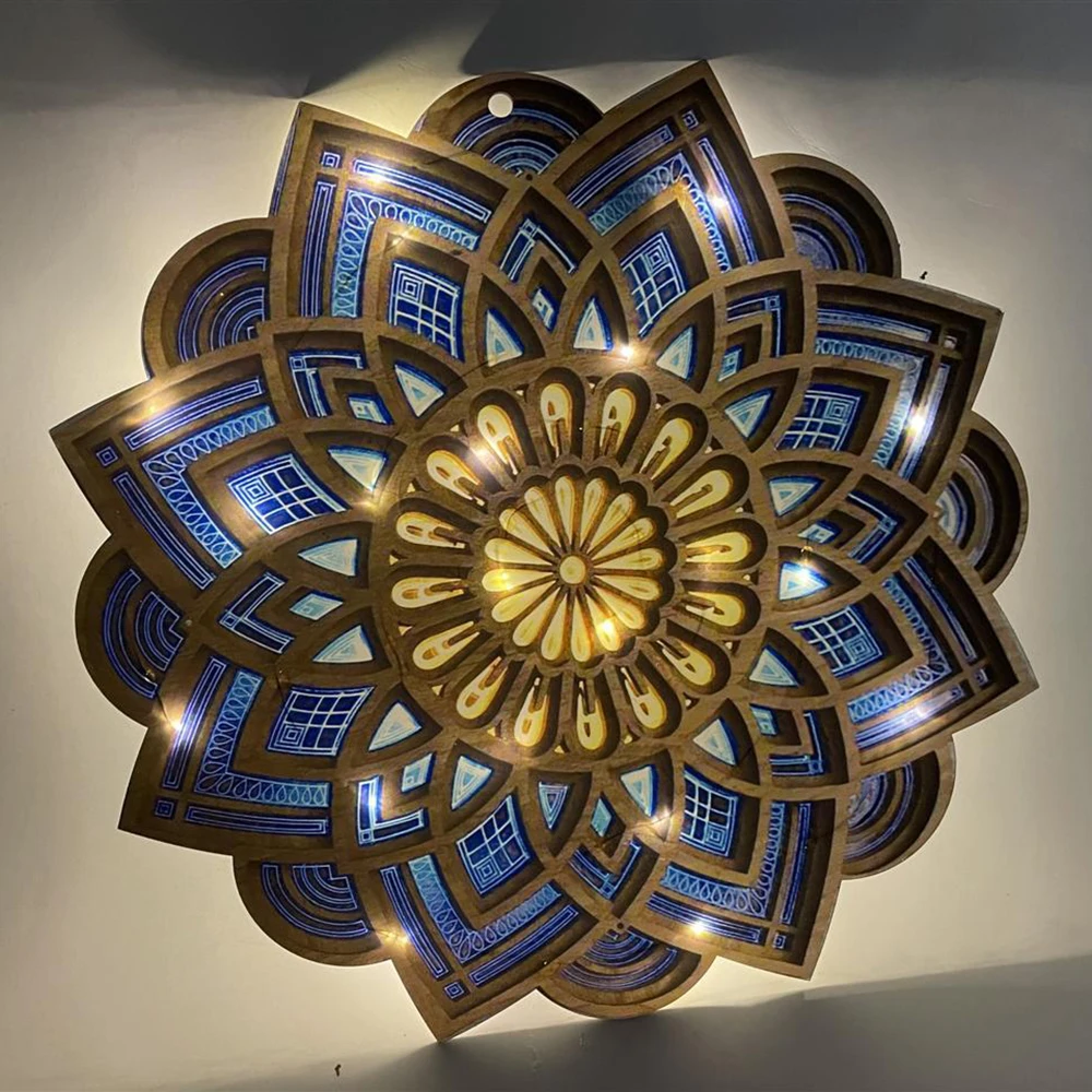 Mandala Flower Room Night Light LED Multilayer Laser Cutting Engraving Light LED Elegant Wooden Mandala Hanging Light Room Decor