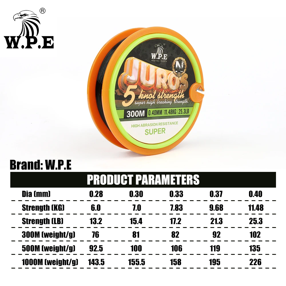 W.P.E JUROS Nylon Fishing Line 300m/500m/1000m Japanese Monofilament Leader Sink Fishing Line 0.28mm-0.40mm  Fishing Tackle