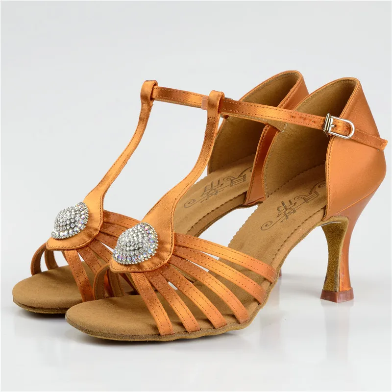 BD Latin Dance Shoes for women Sports Satin Sandal Ladies Ballroom Dance Shoes High Heel Dark Tan Salsa Shoe2338