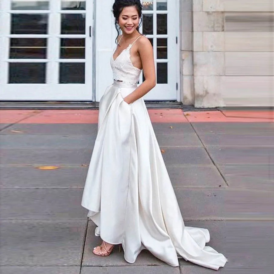 

Off White High Low Wedding Skirt with Pockets Fashion Sweep Train Satin Long Women Skirt for Prom Party Faldas Saia Custom