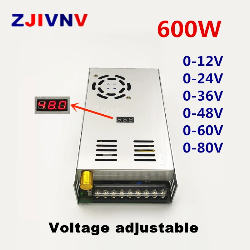 

600W digital display switching power supply Adjustable voltage 0-12V 24V 36V 48V 60v 80V AC 110/220V to DC SMPS LED POWER SUPPLY