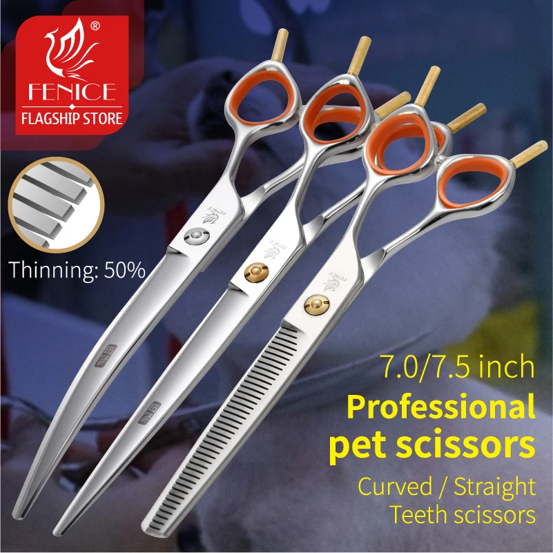 Fenice 7/7.5 Inch Professional JP 440C Pet Grooming Scissors Set Dog Shears Set Straight&Curved&Thinner Scissors Kits