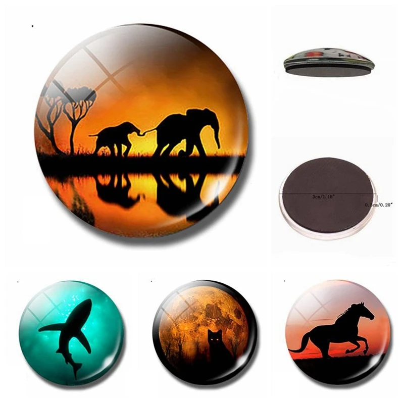 

Animal Silhouette 30MM Glass Fridge Magnet Shadow Elephant Shark Cat Horse Wolf Whiteboard Decor Refrigerator Magnetic Stickers