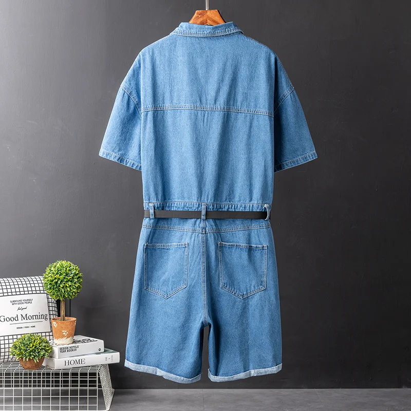 

Men Summer Short Sleeve Denim Cargo Jumpsuits Loose Fit Straight Shorts Light Blue Knee Length Pants Casual Overalls Male S-XL