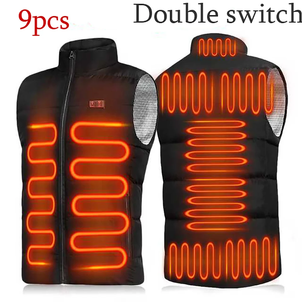 New 9 Places Heated Vest Men Women Usb Heated Jacket Heating Vest Thermal Clothing Hunting Vest Winter Heating Jacket BlackS-6XL