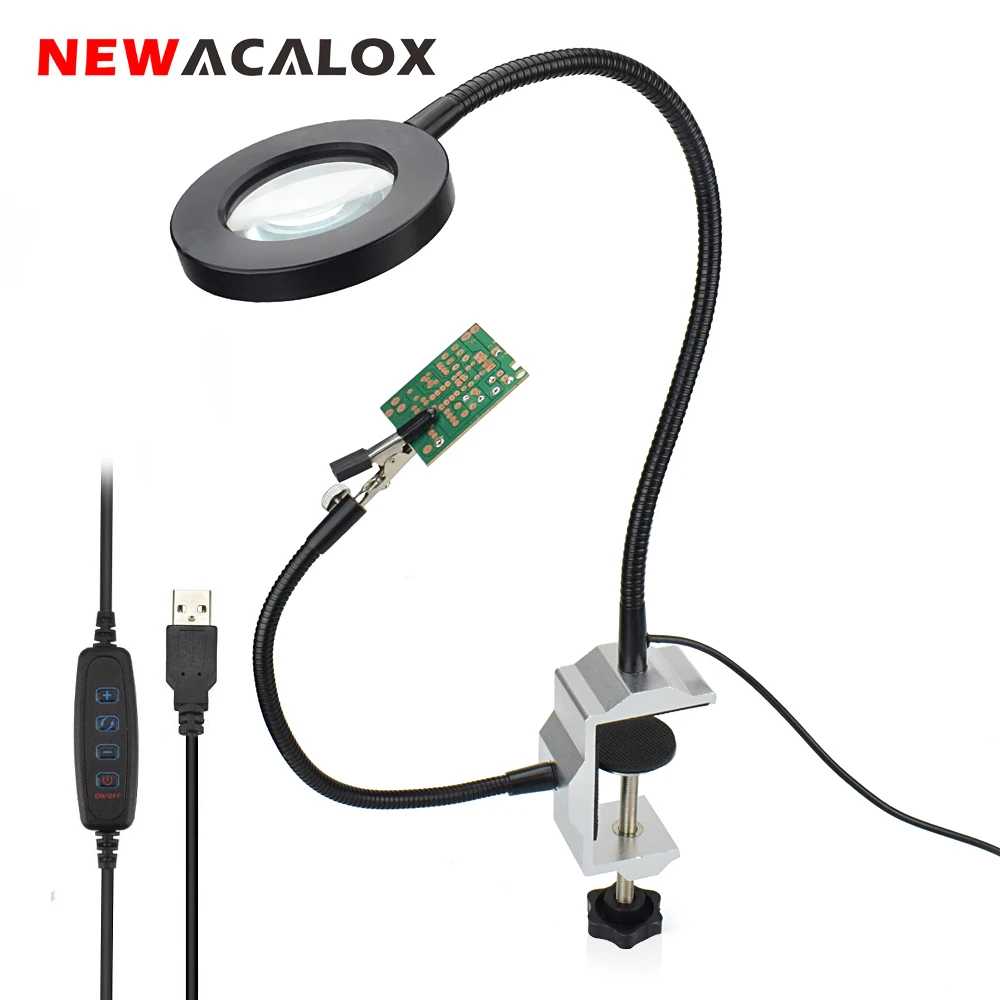 NEWACALOX USB 3X Magnifying Glass Table Lamp Soldering Iron Holder Bench Vise Table Clamp Soldering Third Hand Helping Hand Tool