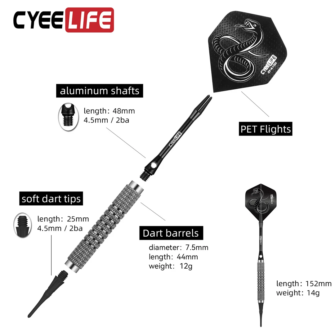 CyeeLife 14g Soft darts tip Aluminum rod Plastic darts tip High quality professional Family bar entertainment games ​, 3PCS