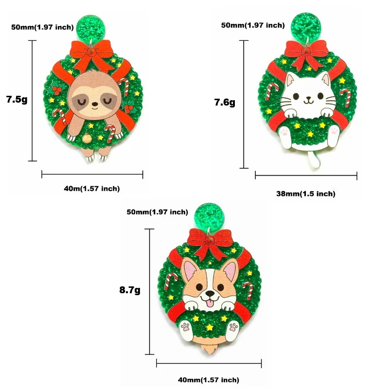 Cute Animals Bradypod White Cat And Corgi Glitter Green Christmas Wreath Acrylic Stud Earrings For Women Lovely Holiday Jewelry