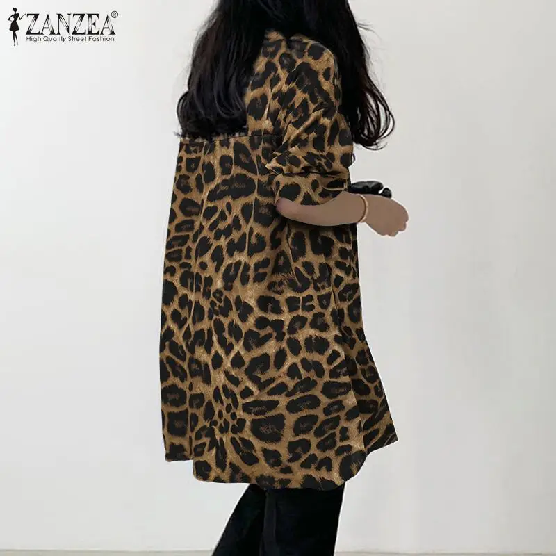 ZANZEA-Blusa informal con estampado de leopardo para mujer, camisa Vintage de manga larga con solapa, Túnica de gran tamaño para fiesta y vacaciones