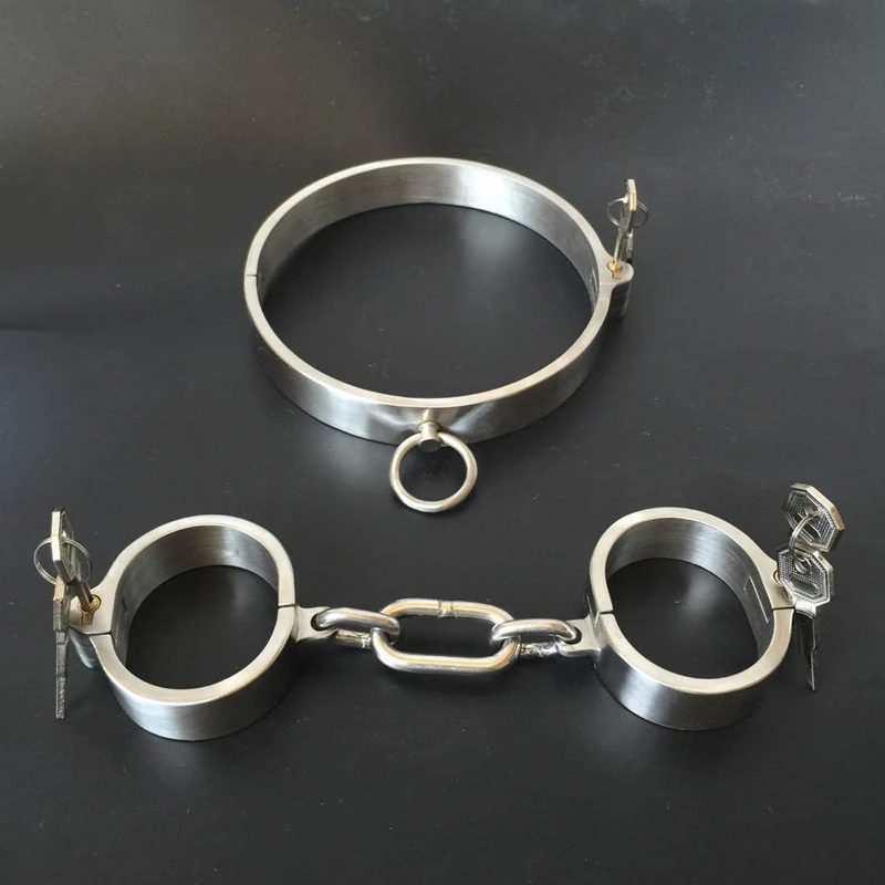 Heavy Stainless Steel Lockable Neck Collar Handcuffs Ankle Cuff  Fetish Bondage Bdsm Hand Cuffs Restraints Sex Toys for Couples