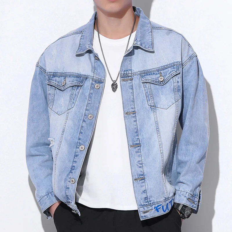 Spring Denim Jacket Personality Trend Soft Embroidery Printing Korean Version Handsome Small Fresh Men's Light Blue Plus Size