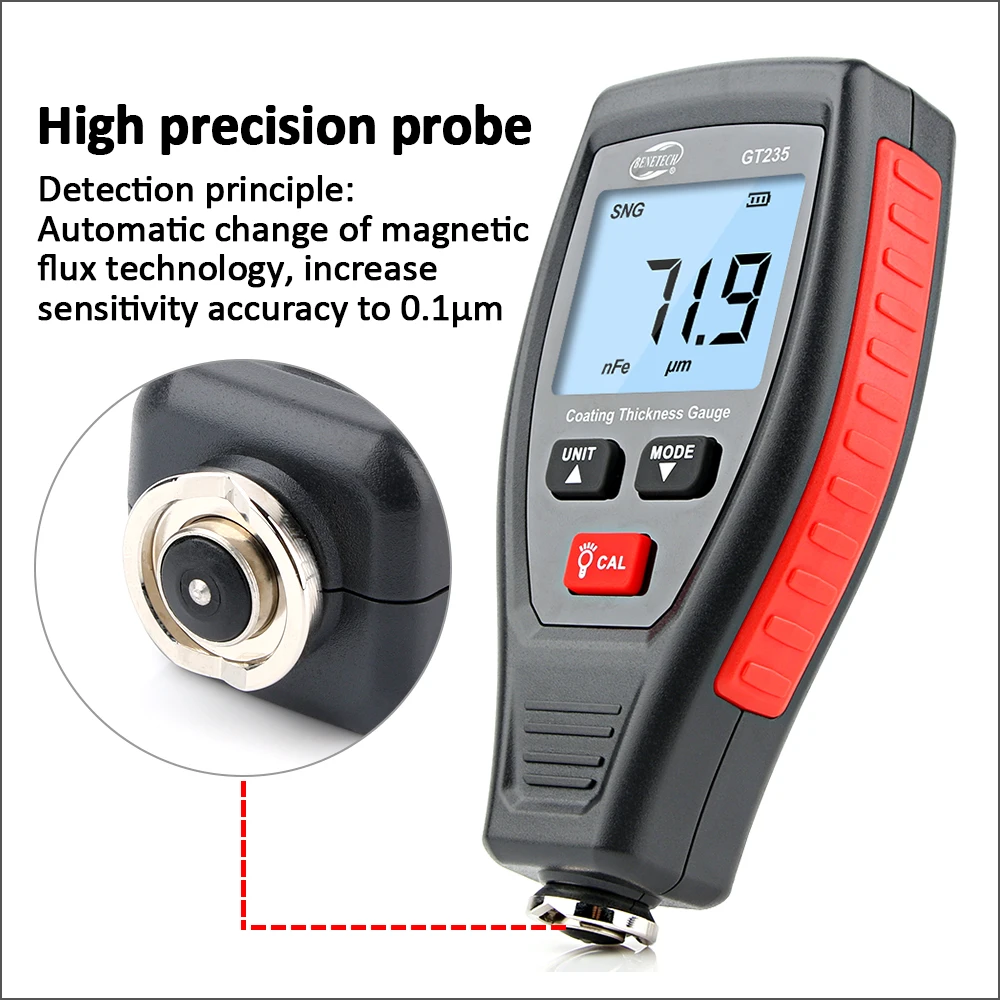 RZ Coating Thickness Gauge Paint Handheld Thickness Gauge Meter Car Paint Depth Gauge Tester Measurement Range 0~1800μm