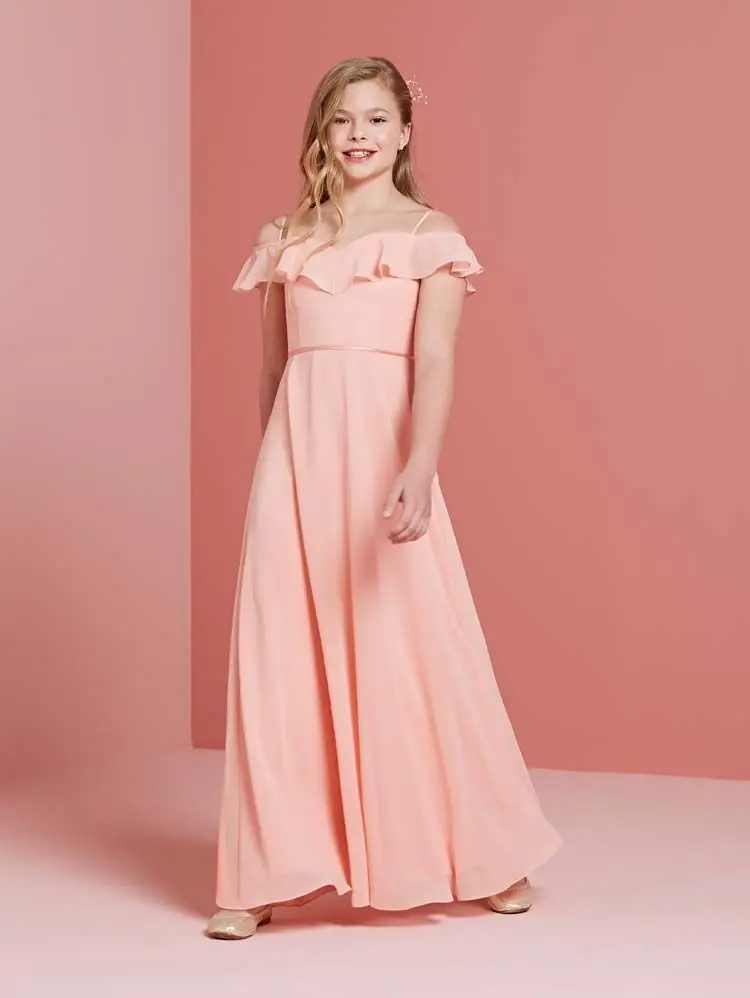 Coral barato júnior vestidos de dama de honra sob 50 a linha alças de espaguete ombro babados chiffon longo vestidos de festa de casamento