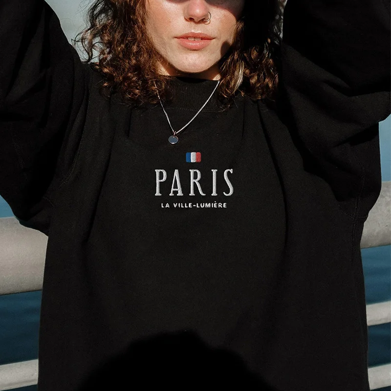 2021 Autumn Paris Letters Embroidery French Fashion Women Sweatshirts Long Sleeve Cotton Thick Pullover Loose Casual Warm Jumper