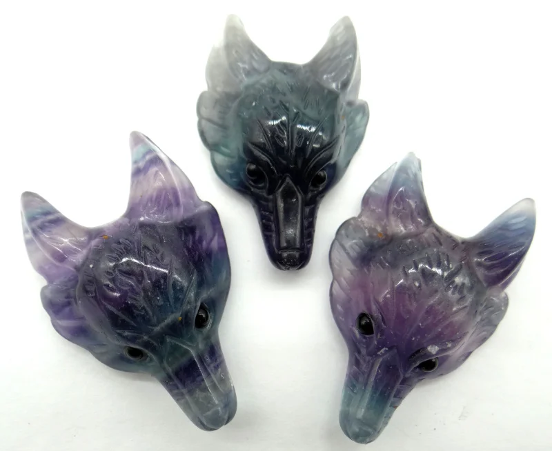 Natural stone fluorite Quartz Crystal tiger eye aventurine Wolf Head shape Pendant for Diy jewelry making necklac Accessories2pc