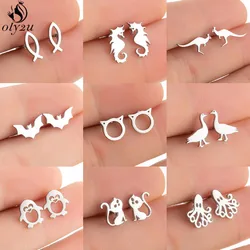 Korean Cute Stainless Steel Animal Earrings for Women Small Bat Octopus Fish Penguin Stud Earrings Trendy Jewelry Friends Gifts