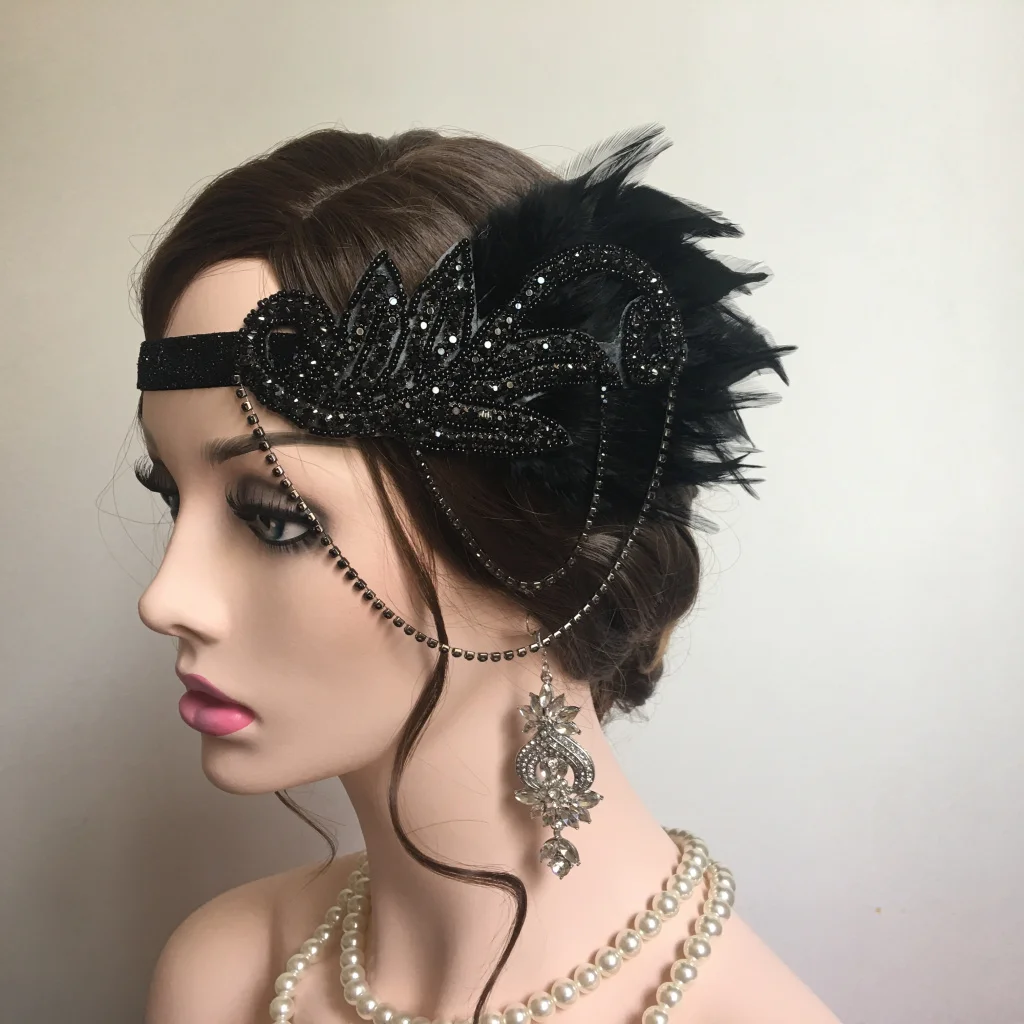 

Feather Headband Vintage Elastic Feather Rhinestone Chain Forehead Decorations Gatsby Party Charleston Party Feather Headwear