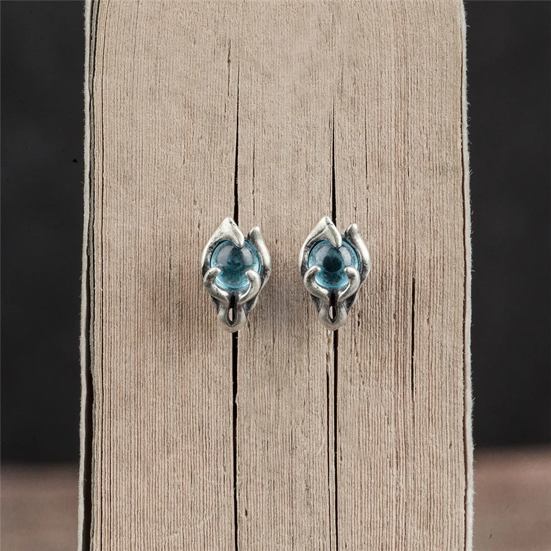 MKENDN 100% 925 Sterling Silver Earrings Men Women Vintage Dragon Soul Stud Earrings With Light Blue Stone Personality Jewelry