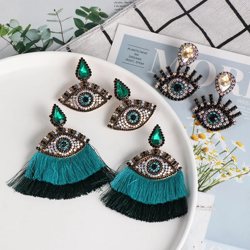 Wholesale JUJIA Ethnic Turkish Eye Beads Tassel Dangle Earrings For Women Boho Exaggerate Statement Jewelry Crystal Earring