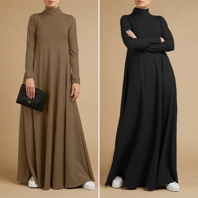 Fashion Autumn Turtleneck Long Sleeve Sundress Women Maxi Long Dress ZANZEA Elegant Solid Casual Robe Femme Kaftan Party Vestido