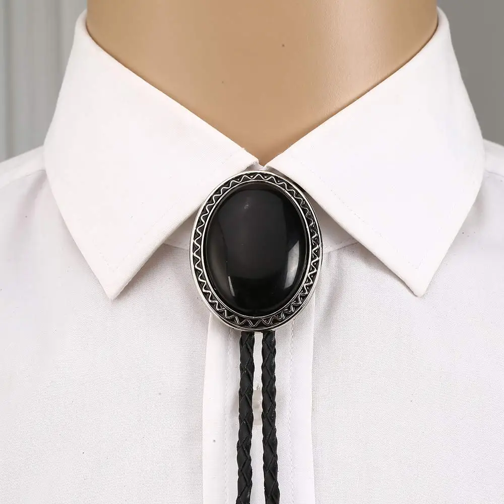 Oval shape black agateoxny bolo tie for man Indian cowboy western cowgirl leather rope zinc alloy necktie wave side