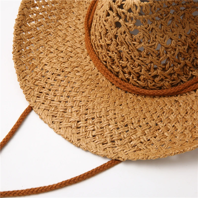 New Summer Hat Panama Hats Hollow Out Straw Hat For Men Women Leather Ribbon Large Brim Sun Beach Hat Jazz Cap Fedora