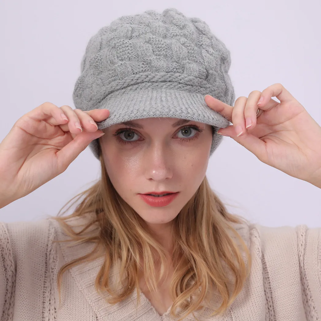 New solid color plus velvet warm rabbit wool 8-character twist hat autumn and winter women\'s knitted peaked cap HT011