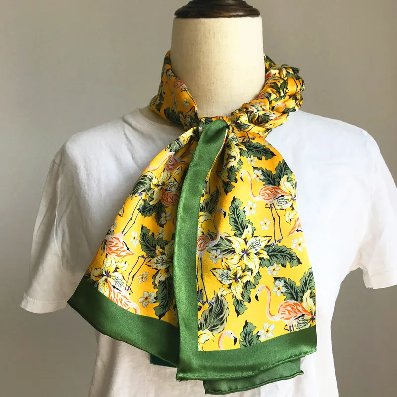 

100% real silk scarf 50*170cm shawl bandana flamingo yellow flowers lady gift for summer spring